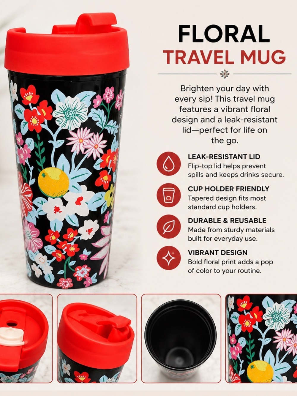 Hand Crafted Black Floral Travel Mug with Red Lid